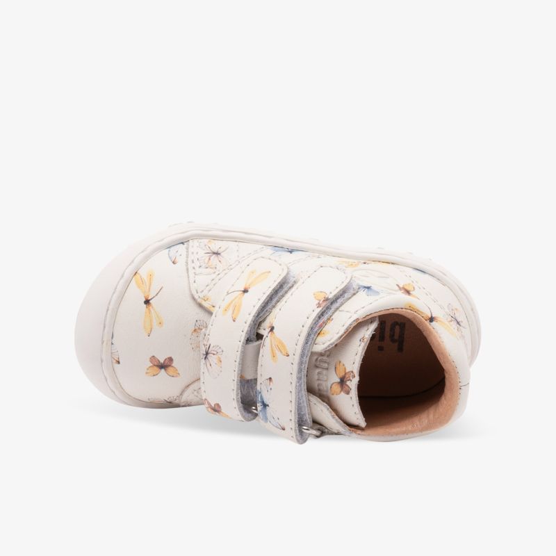 Weißer Kinderhalbschuh mit Blumenmuster, verstellbare Klettverschlüsse, bequem und flexible Sohle