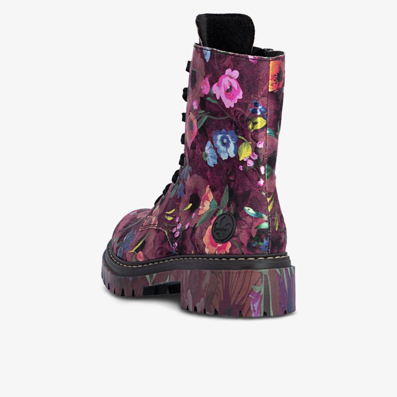 Robuster Schnürstiefel mit buntem Blumenmuster und profilierter Sohle, Rückansicht seitlich