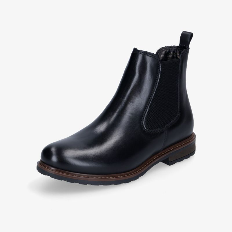 Eleganter schwarzer Chelsea Boot aus Leder mit rutschfester Sohle und elastischem Seiteneinsatz für komfortables Tragen.