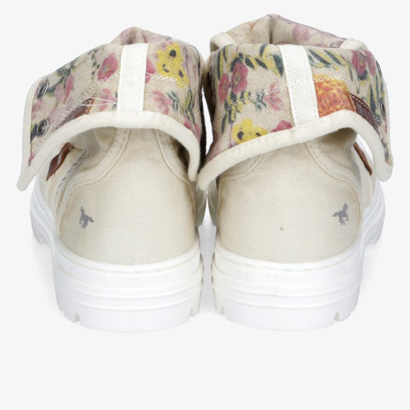 Rückansicht von bequemen Sneakern mit floralem Design und praktischem Klettverschluss für einfachen Halt