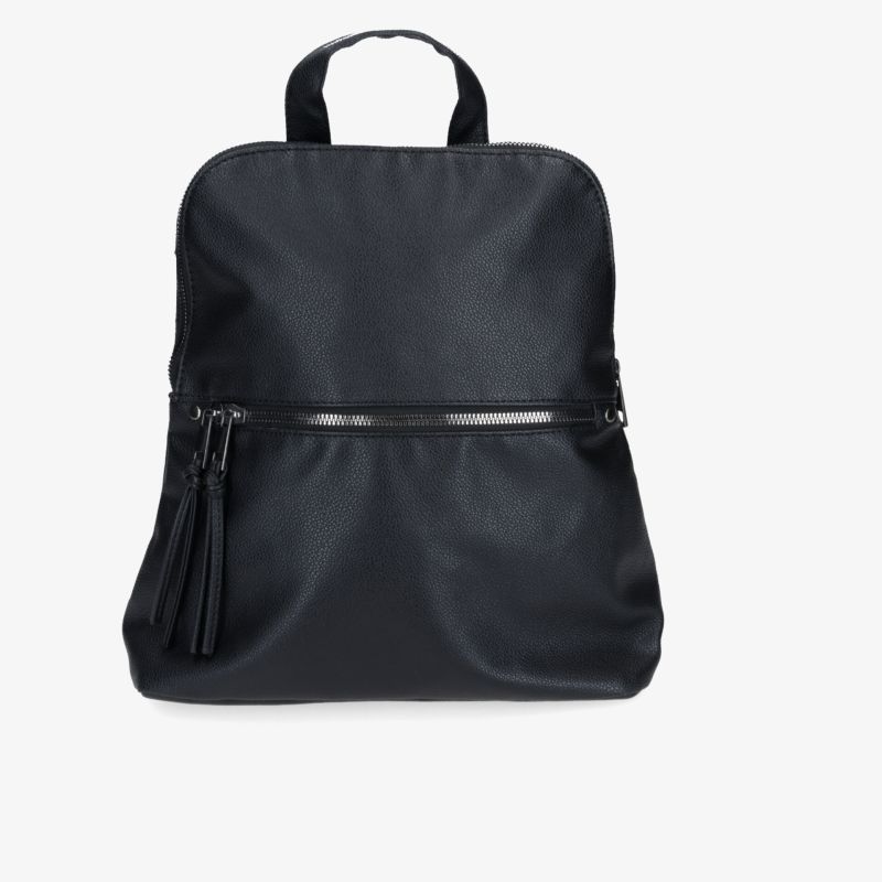 Schwarzer Rucksack mit großem Stauraum, robustem Material, Reißverschluss und praktischem Griff in Frontansicht