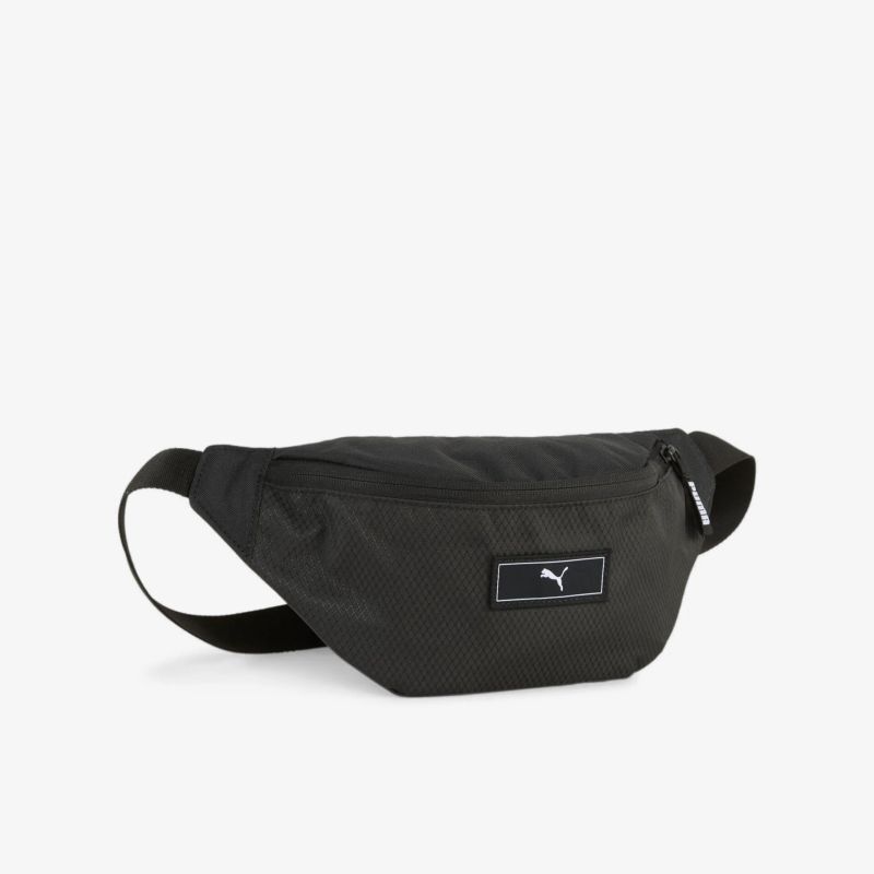 Schwarze, funktionale Bauchtasche mit verstellbarem Gurt und Puma Logo, ideal für sportliche Aktivitäten