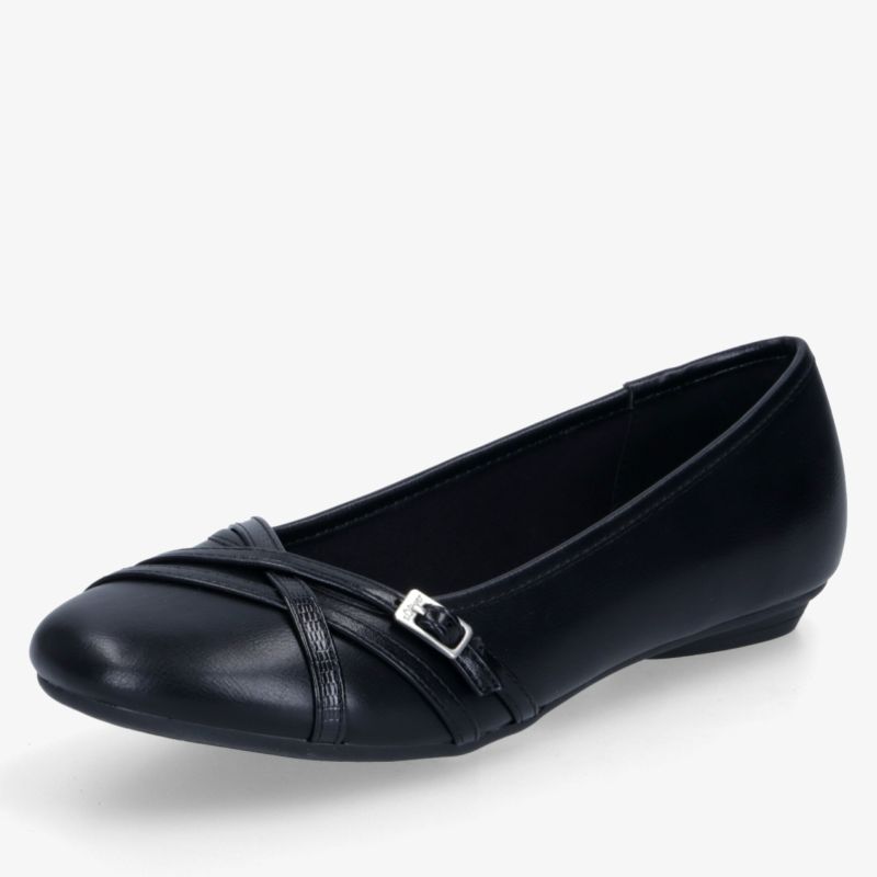 Eleganter schwarzer Ballerina mit schmalem Schnitt und dezenter Schnalle, flacher und bequemer Schuh für Alltag