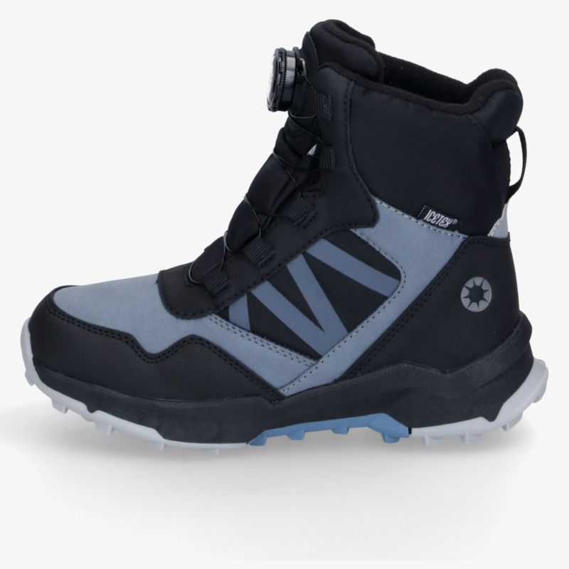 Schwarz-grauer Outdoor-Schuh mit hohem Schaft, griffiger Profilsohle, Schnürung und gepolsterter Passform seitlich
