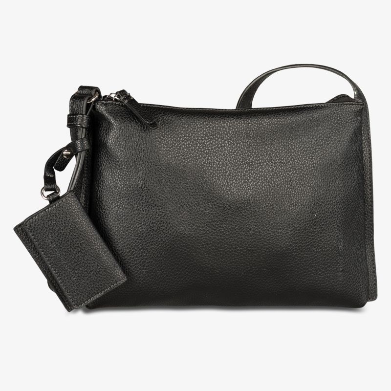 Schlichte schwarze Ledertasche mit Reißverschluss und abnehmbarem Kartenetui, elegant und praktisch