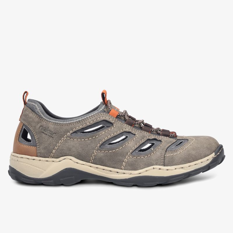 Seitenansicht eines bequemen und atmungsaktiven Schuhs mit robuster, abriebfester Sohle und leichtem Einstieg