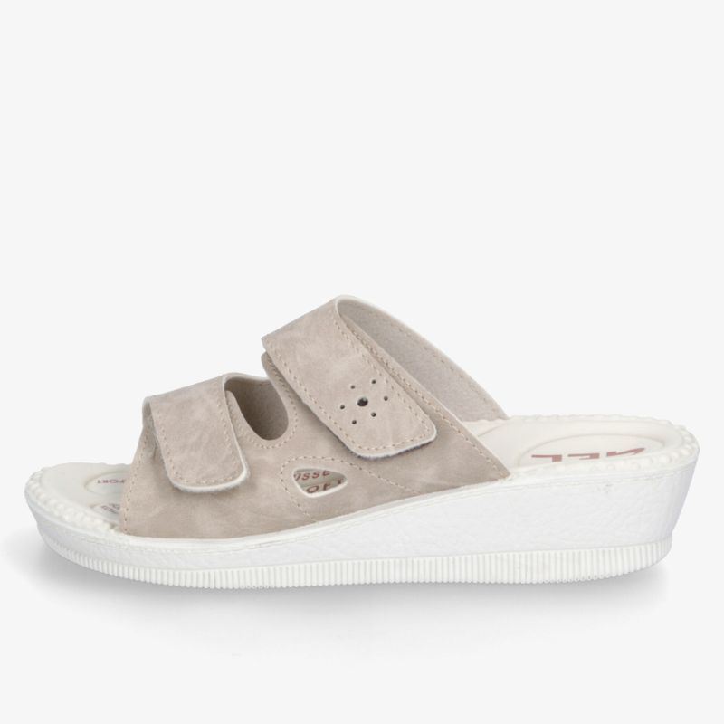 Bequeme beige Pantolette mit verstellbarem Klettverschluss und rutschfester weißer Laufsohle