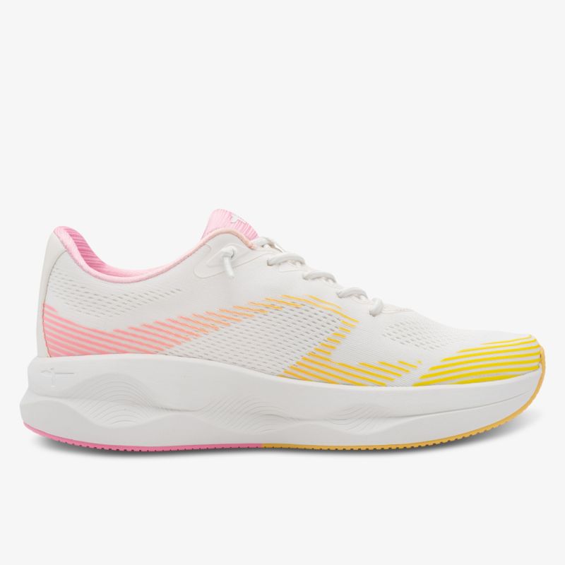 Leichter weißer Laufschuh mit pinken und gelben Akzenten, atmungsaktiv und komfortabel, seitliche Ansicht