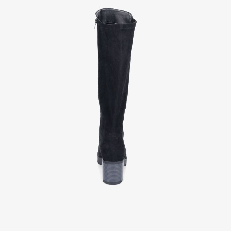 Eleganter schwarzer Stiefel mit hohem Schaft und stabilem Absatz, Rückansicht zeigt komfortable Passform und robustes Material