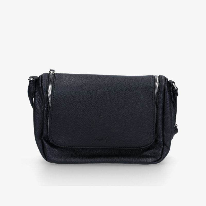 Schwarze kompakte Umhängetasche mit verstellbarem Riemen und sicherem Verschluss, modernes und leichtes Design
