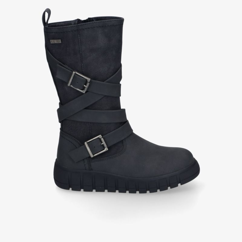 Schwarzer Stiefel mit markanten Schnallen, wärmendem Schaft, robustem Profil und bequemem Laufkomfort für jeden Tag.
