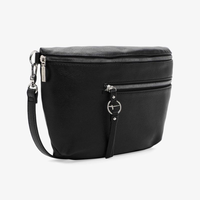 Schwarze geräumige Tasche mit Reißverschluss und praktischer Fronttasche, leicht und robust im Frontansicht