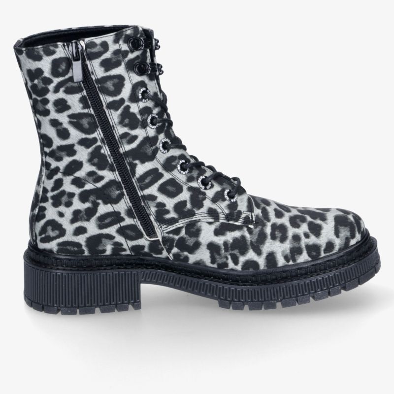 Robuster Stiefel mit markantem Leopardenmuster, praktischer Schnürung und Reißverschluss, profiliert und komfortabel