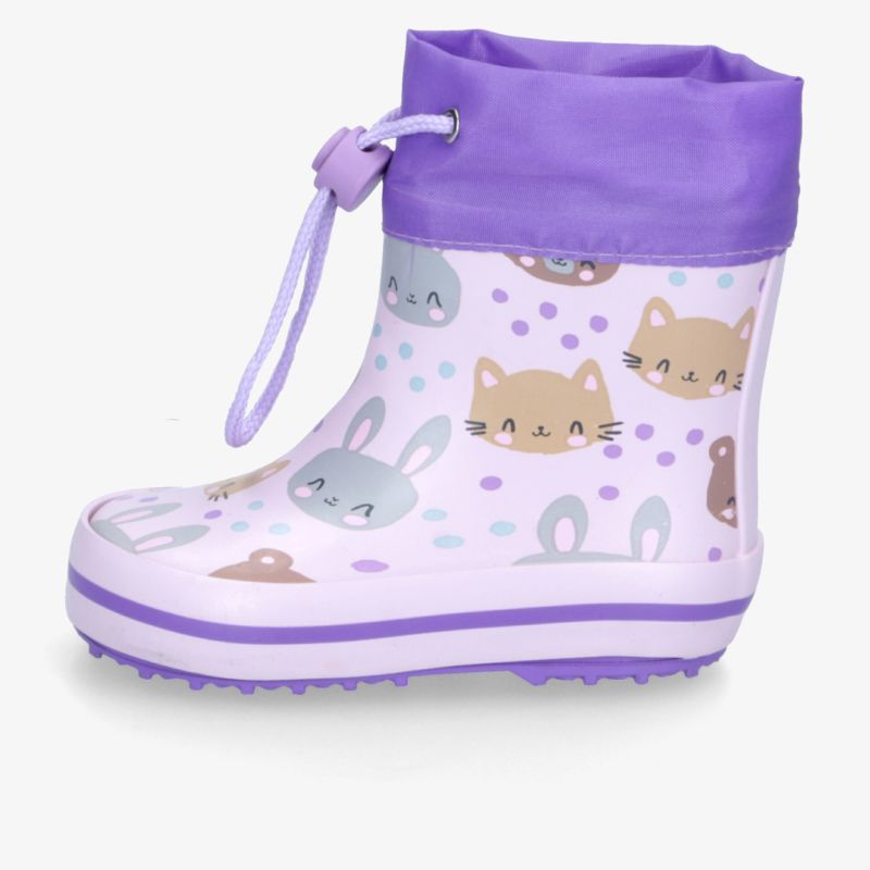 Wasserdichter Kinderregenstiefel mit bunten Tiermotiven und verstellbarem Kordelverschluss in Lila