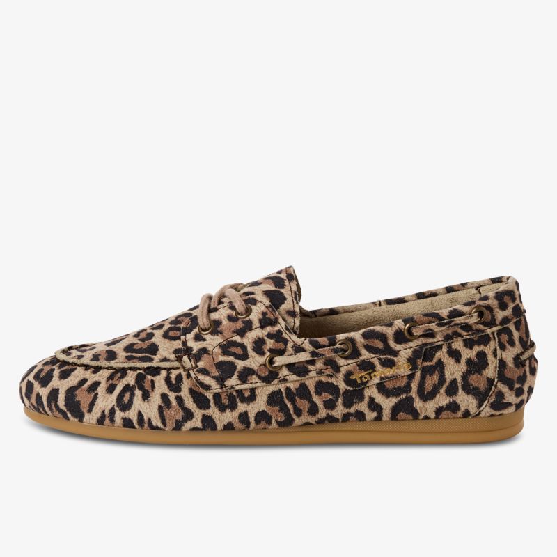 Seitliche Ansicht eines leichten, bequemen Slippers mit modischem Leopardenmuster und rutschfester Sohle