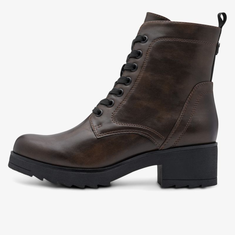 Seitliche Ansicht brauner Schnürstiefel aus glattem Leder mit breitem Blockabsatz und robuster Sohle