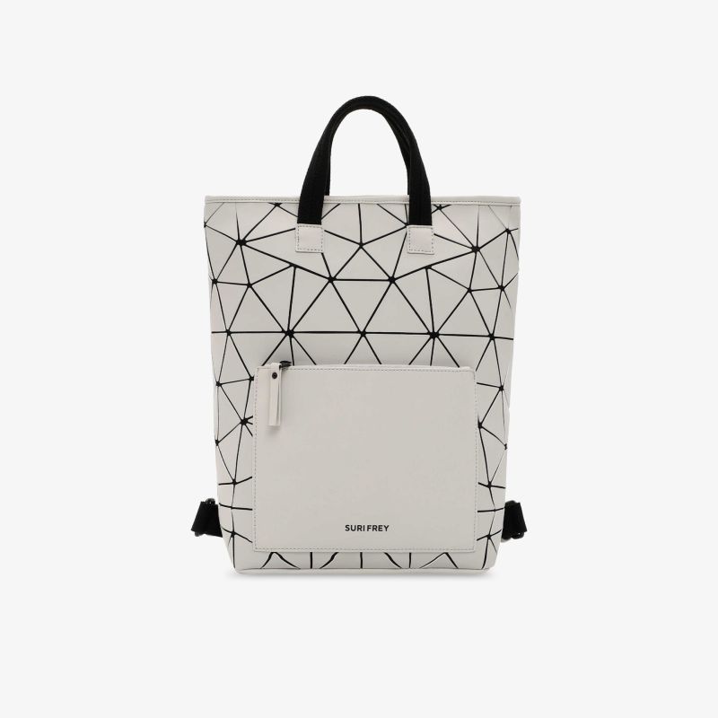 Moderner weißer Rucksack mit schwarzem geometrischem Dreiecksprint und praktischer Fronttasche, Frontansicht