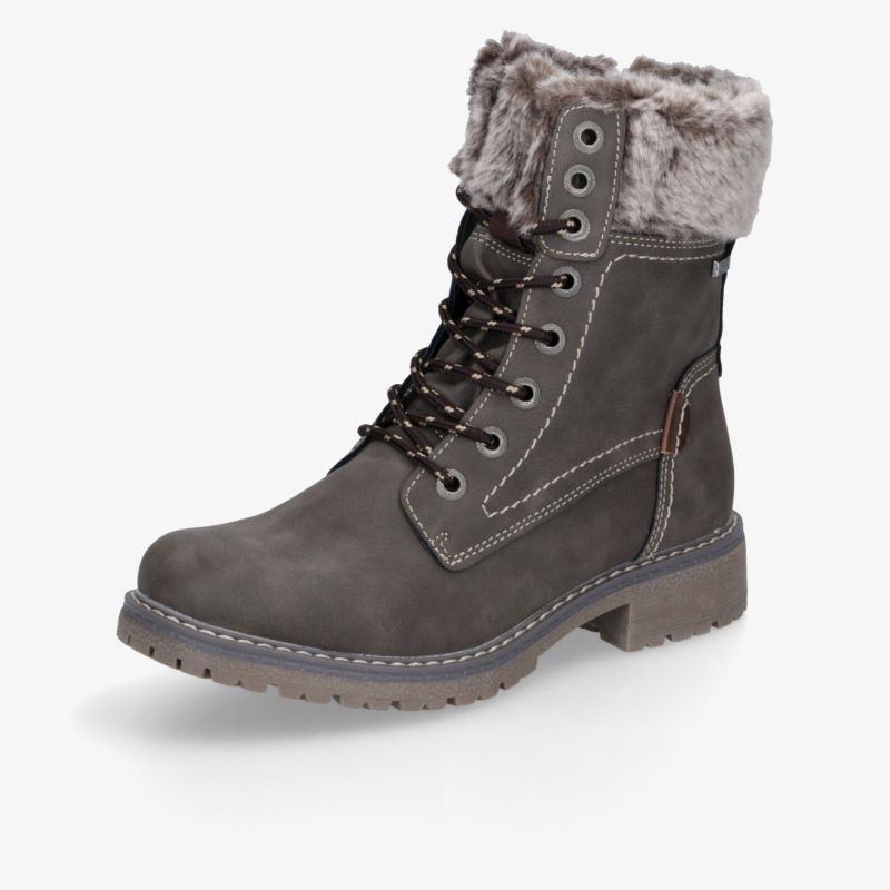 Robuster grauer Winterstiefel mit warmem Fellfutter, rutschfester Sohle und stabiler Schnürung für hohen Tragekomfort