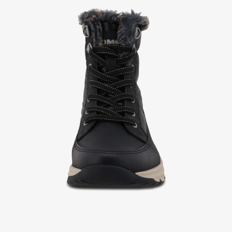 Frontansicht stabiler, gefütterter Winterstiefel mit schnürverschluss und rutschfester Profilsohle