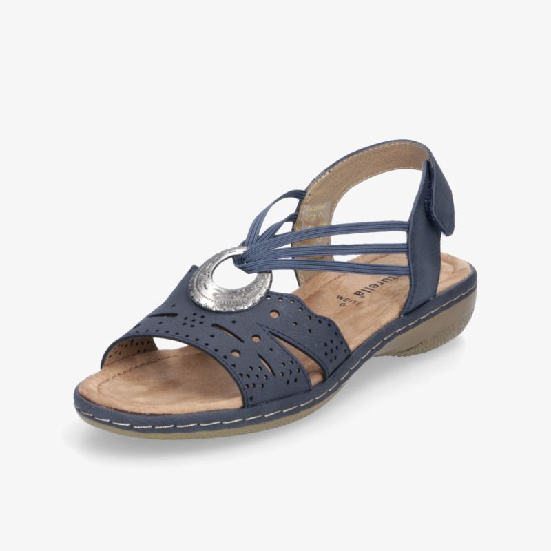 Bequeme blaue Sandale mit weicher Innensohle, verstellbaren Riemen und modischer Metallapplikation