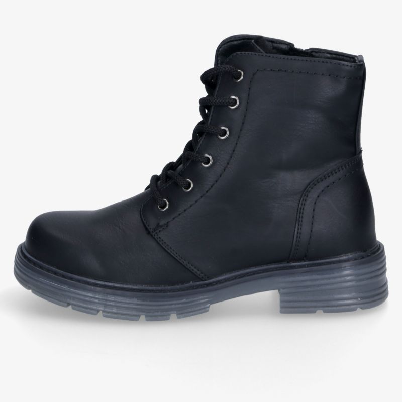 Schwarzer robuster Schnürstiefel mit komfortabler Passform und strapazierfähiger Sohle, klare Seitenansicht