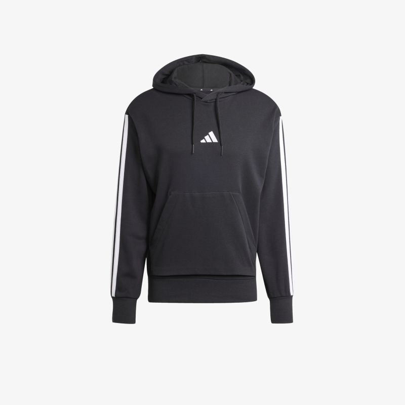 Schwarzer Kapuzenpullover mit weißem Streifendesign, Kängurutasche und elastischen Bündchen