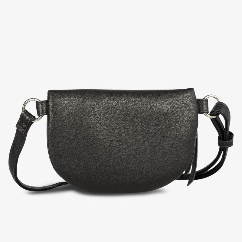 Schwarze kompakte Ledertasche mit verstellbarem Schulterriemen und minimalistisches Design
