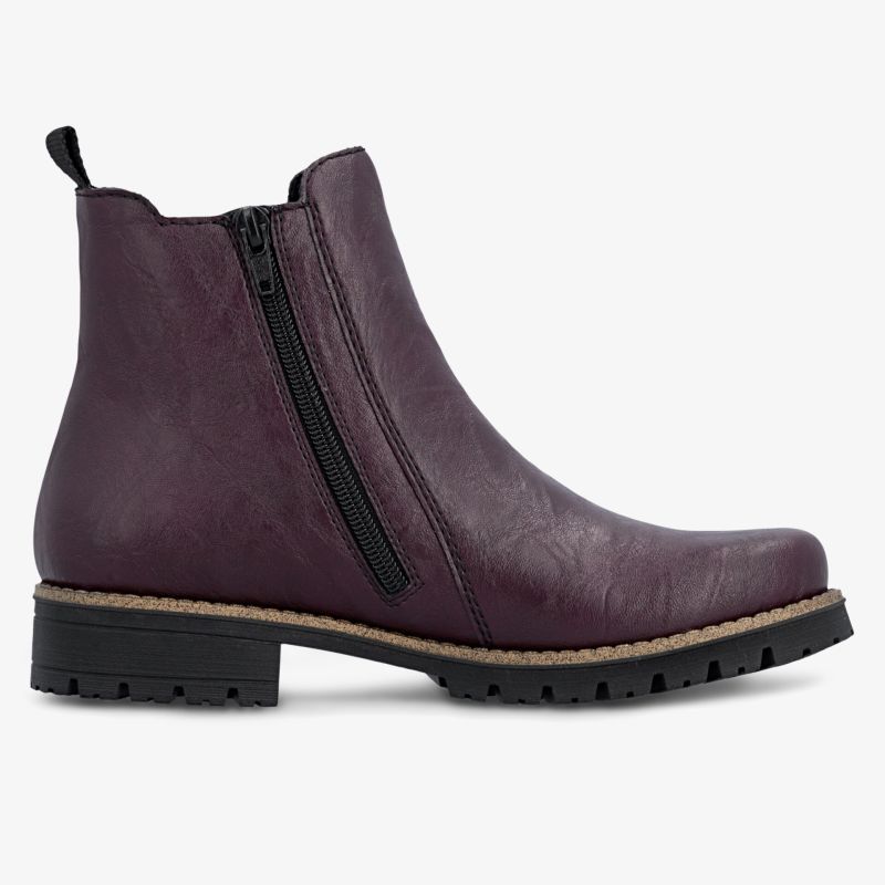 Lila Stiefel mit robustem Reißverschluss, bequemer Passform und langlebiger rutschfester Sohle in klarer Seitenansicht