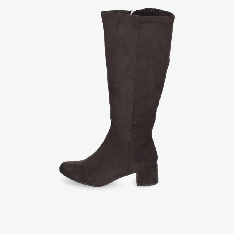 Dunkelbrauner kniehoher Stiefel aus weichem Material mit eleganter Form, stabilem Blockabsatz und komfortabler Passform