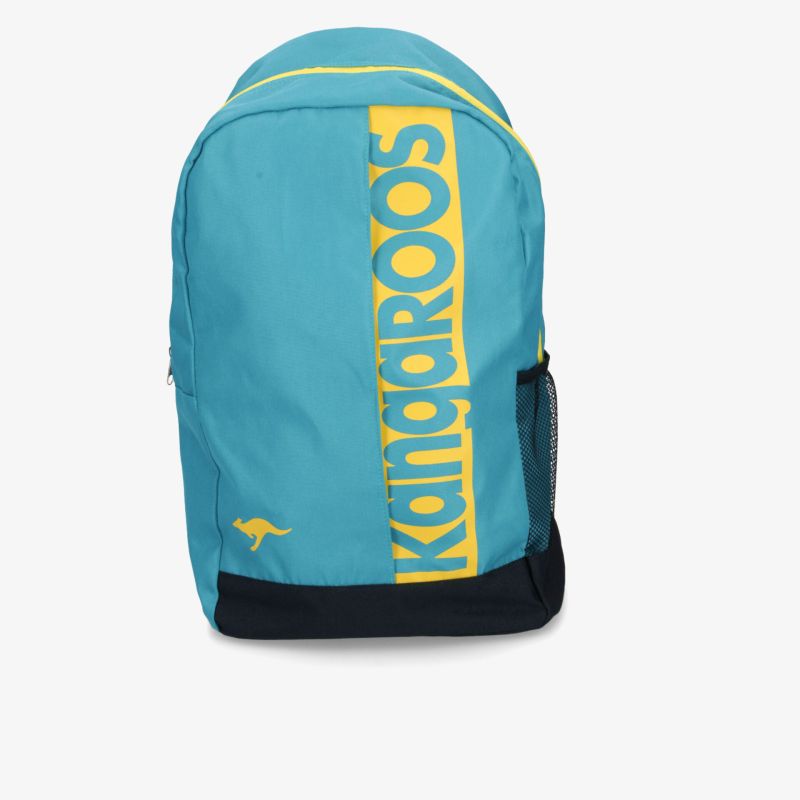 Robuster und geräumiger Rucksack in Türkis mit gelber Schrift und schwarzem Boden, praktische Außentaschen