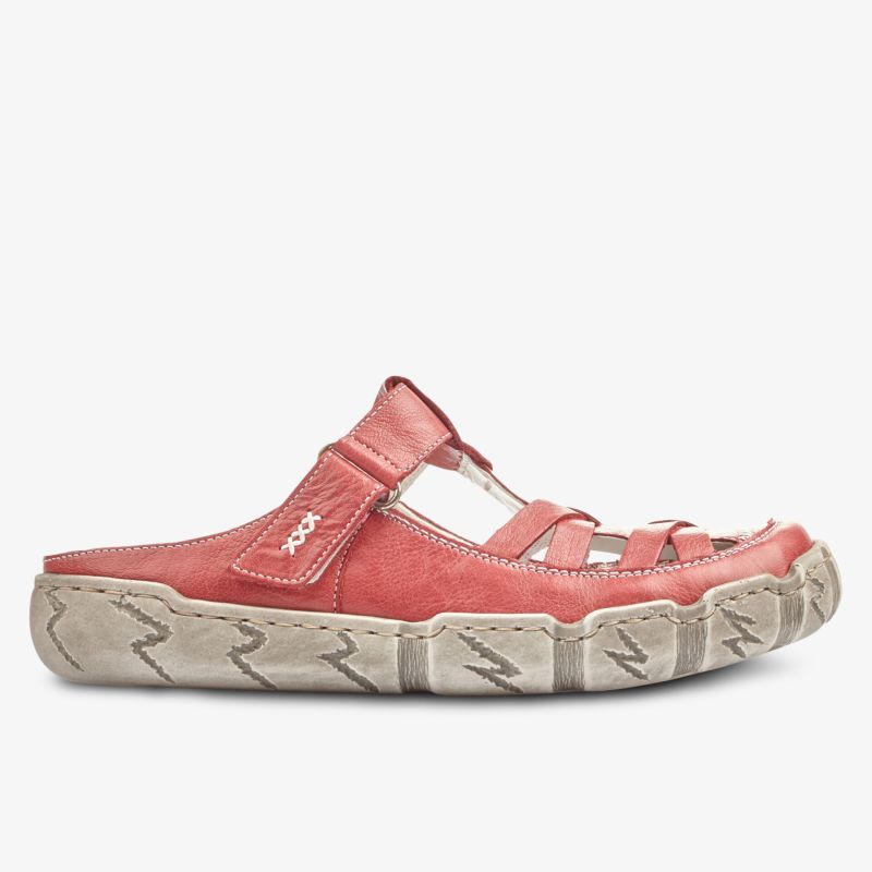 Rote Sandale mit flexibler, profilierter Sohle und offenem Design, ideal für warme Tage und Komfort