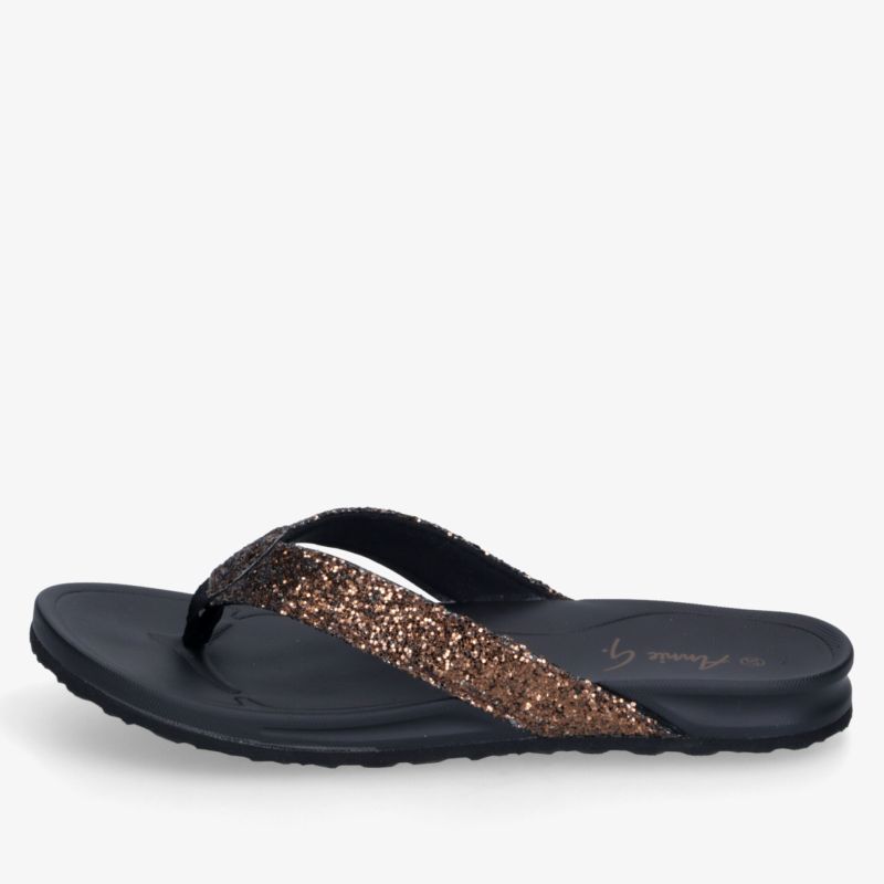 Schwarzer Flipflop mit bronzefarbenen Glitzer-Details, bequeme rutschfeste Sohle und ergonomisches Design