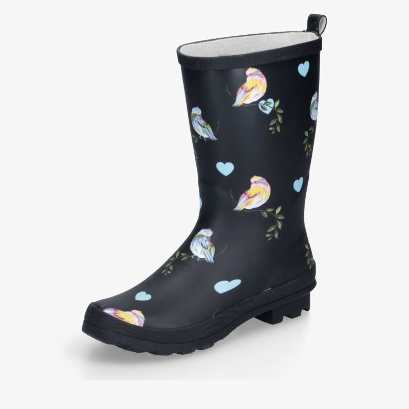 Wasserdichter schwarzer Gummistiefel mit bunten Vogelmotiven, rutschfeste Sohle und bequemem Schnitt