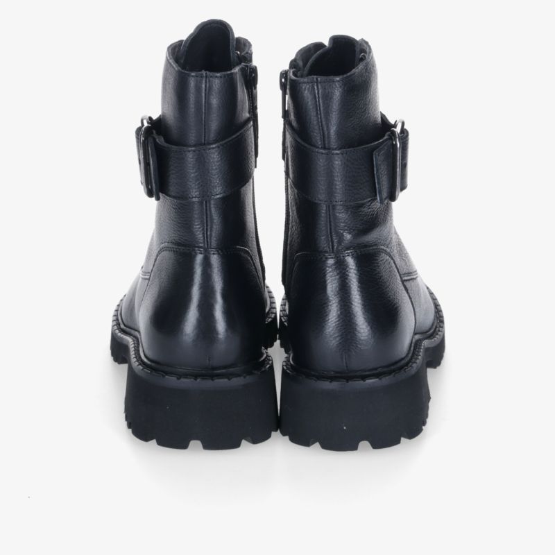 Schwarze Stiefel mit robuster Sohle und Schnallenverschluss. Langlebiges und klassisches Design für bequemen Tragekomfort.