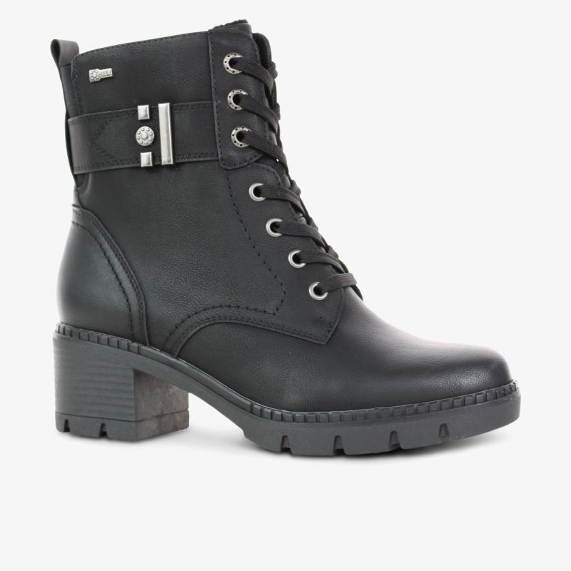 Robuster schwarzer Schnürstiefel mit bequemem Blockabsatz, profilierter Sohle und wasserdichtem Material