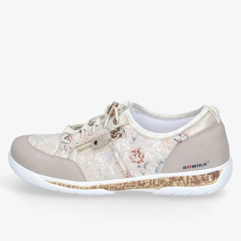 Leichter bequemer Freizeitschuh mit flexiblem Laufkomfort, seitlichem Reißverschluss und floralem Muster, beige Farbtönen.