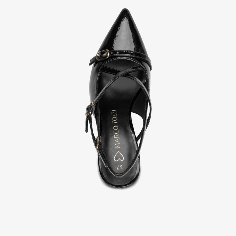 Schwarzer Schuh mit spitzer Kappe, feinen Riemen und elegantem Absatz in stilvoller Draufsicht