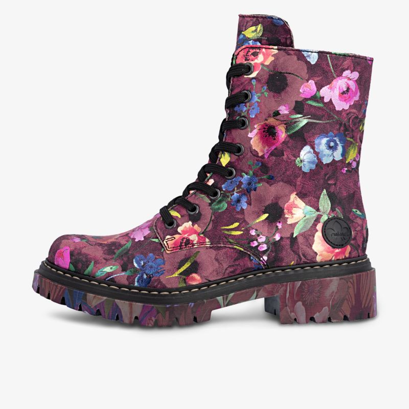 Robuster Schnürstiefel mit buntem Blumenmuster und profilierter Sohle für modischen Komfort