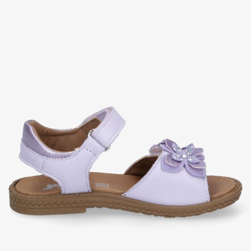 Bequeme lila Sandale mit verstellbarem Klettverschluss und dekorativer Blume aus weichem Material