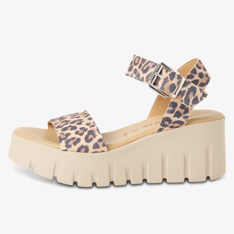 Moderne Plateausandale mit Leopardenmuster und verstellbarem Schnallenriemen.