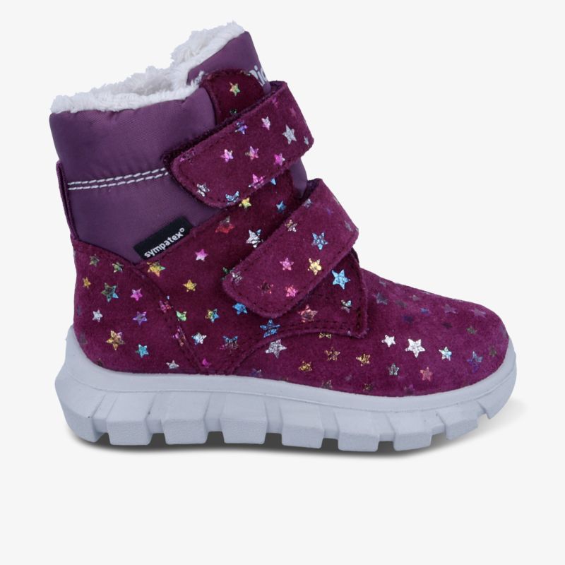 Warmer bordeauxroter Stiefel mit weichem Innenfutter und praktischem Riemenverschluss für komfortablen Halt