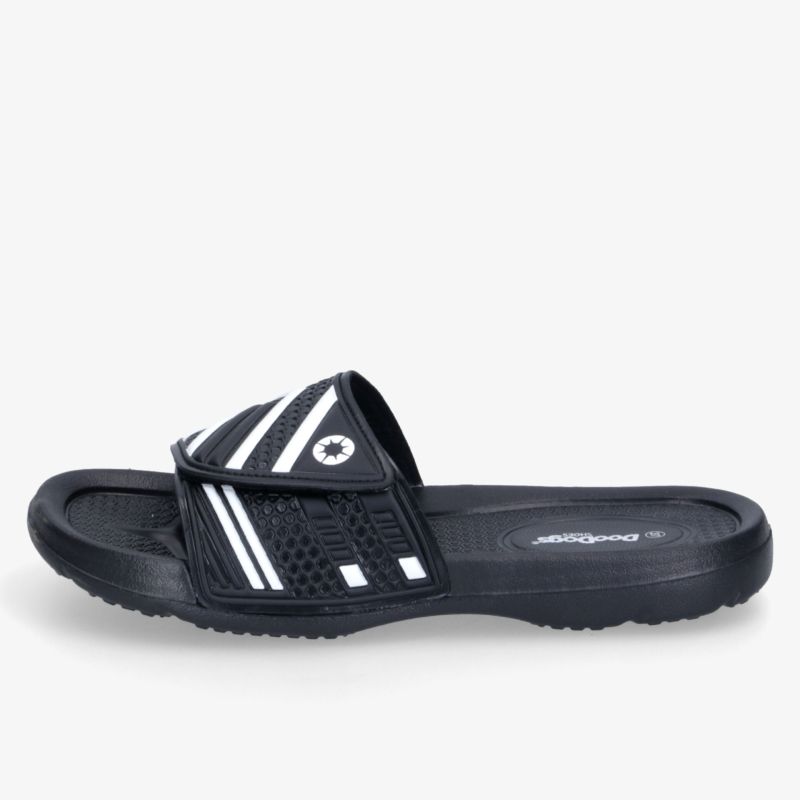 Schwarze Slide Sandale mit weißen Streifen, gepolsterte und rutschfeste Sohle, sportlich und bequem