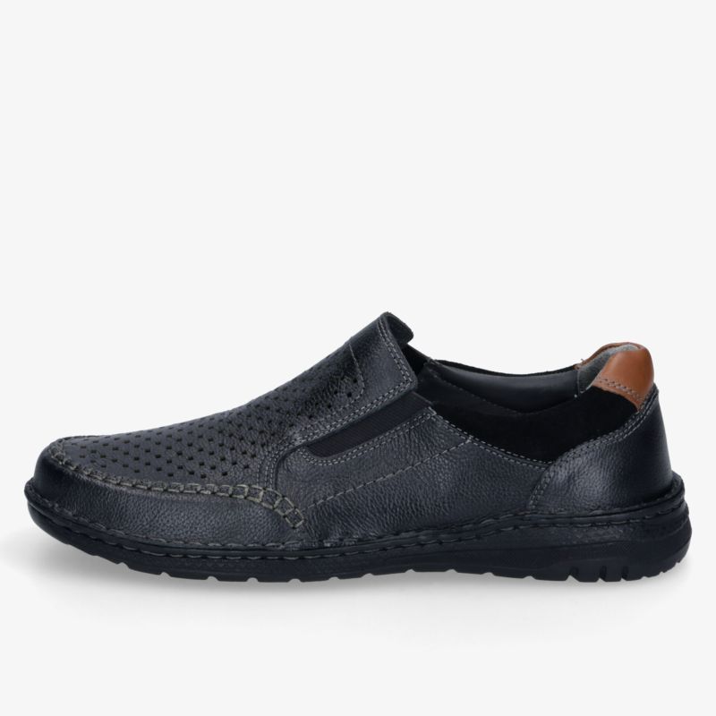 Schwarzer Loafer mit braunem Fersenakzent, atmungsaktiv und flexibler Sohle für besten Tragekomfort