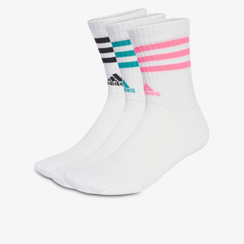 Dreierpack weiße Sportsocken mit farblich abgesetzten Adidas-Streifen, elastisch und bequem für aktiven Gebrauch