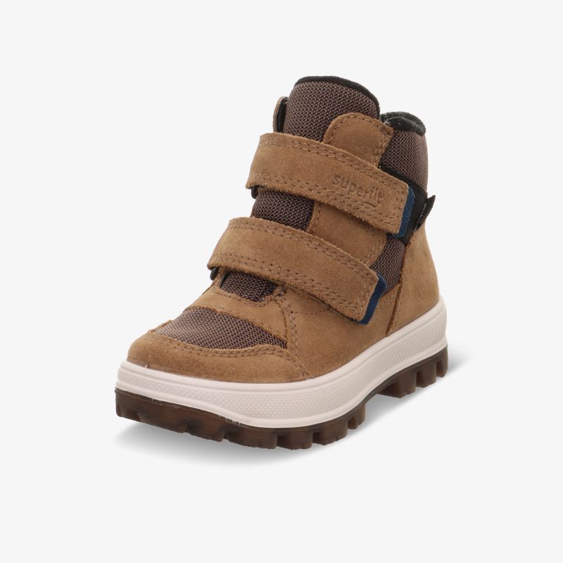 Robuster brauner Winterstiefel mit Klettverschlüssen, rutschfester Sohle und warmer Innenfütterung