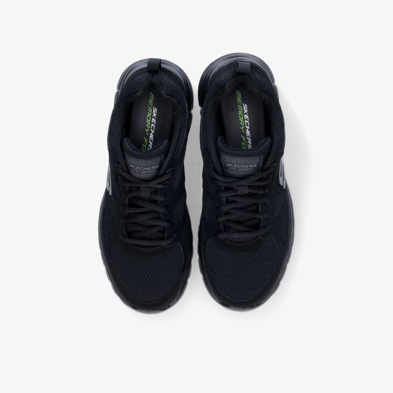 Obenansicht von schwarzen Sportschuhen mit Schnürung, modernem Design und komfortabler Passform.