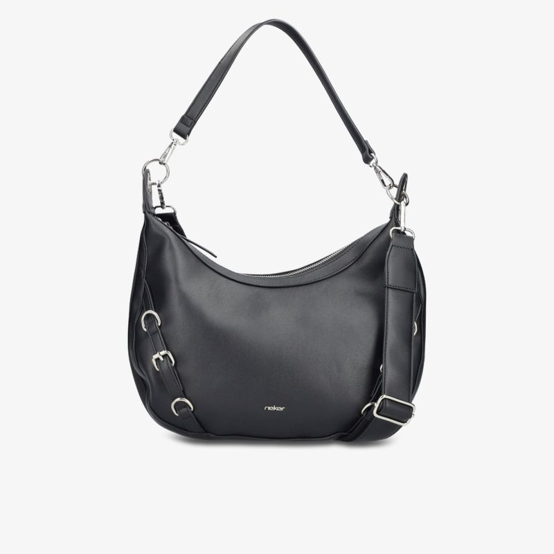 Elegante schwarze Handtasche mit verstellbarem Schulterriemen und modischer Ösenverzierung, ideal für vielseitige Nutzung