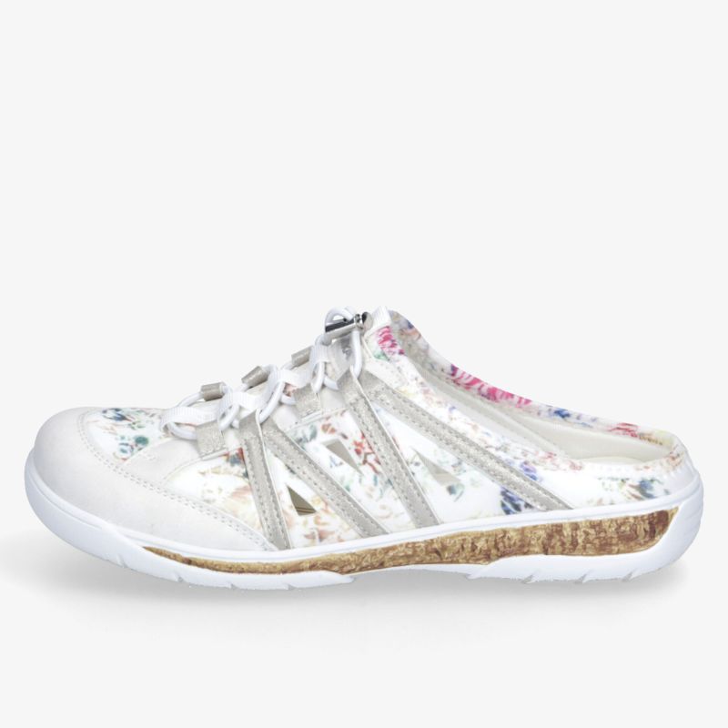 Leichte, weiße Sommerpantolette mit floralem Muster, atmungsaktiv und weich gepolstert für hohen Tragekomfort