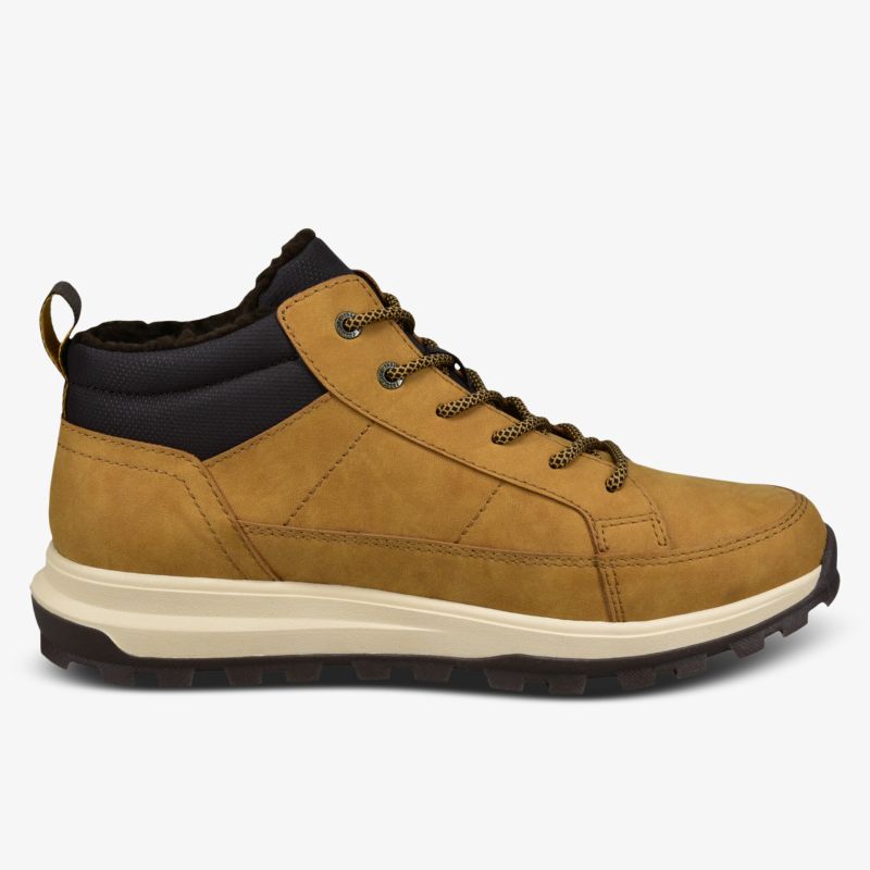 Seitliche Ansicht eines robusten, wasserabweisenden Schnürboots mit gepolstertem Schaft und rutschfester Sohle