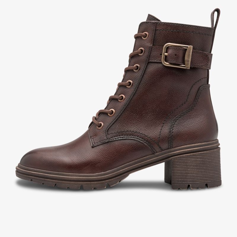 Eleganter brauner Leder-Schnürstiefel mit robustem Blockabsatz und modischem Schnallen-Detail